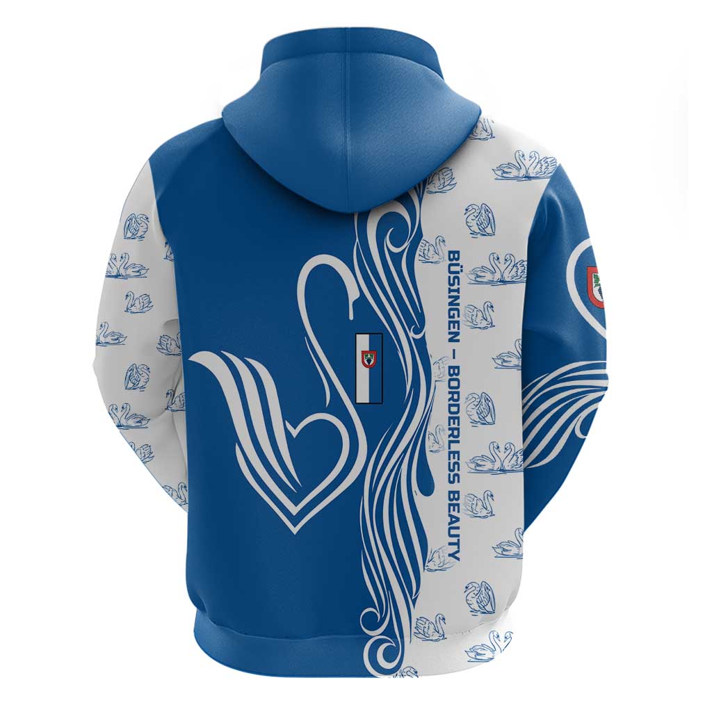 Busingen am Hochrhein Germany Hoodie with Swan Pattern and Blue White Heart Design - Wonder Print Shop