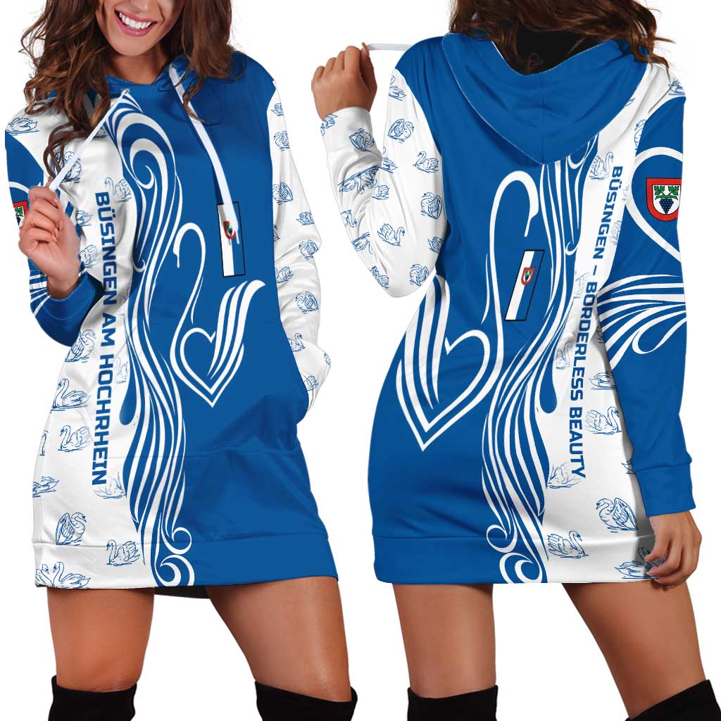Busingen am Hochrhein Germany Hoodie Dress with Swan Pattern and Blue White Heart Design - Wonder Print Shop