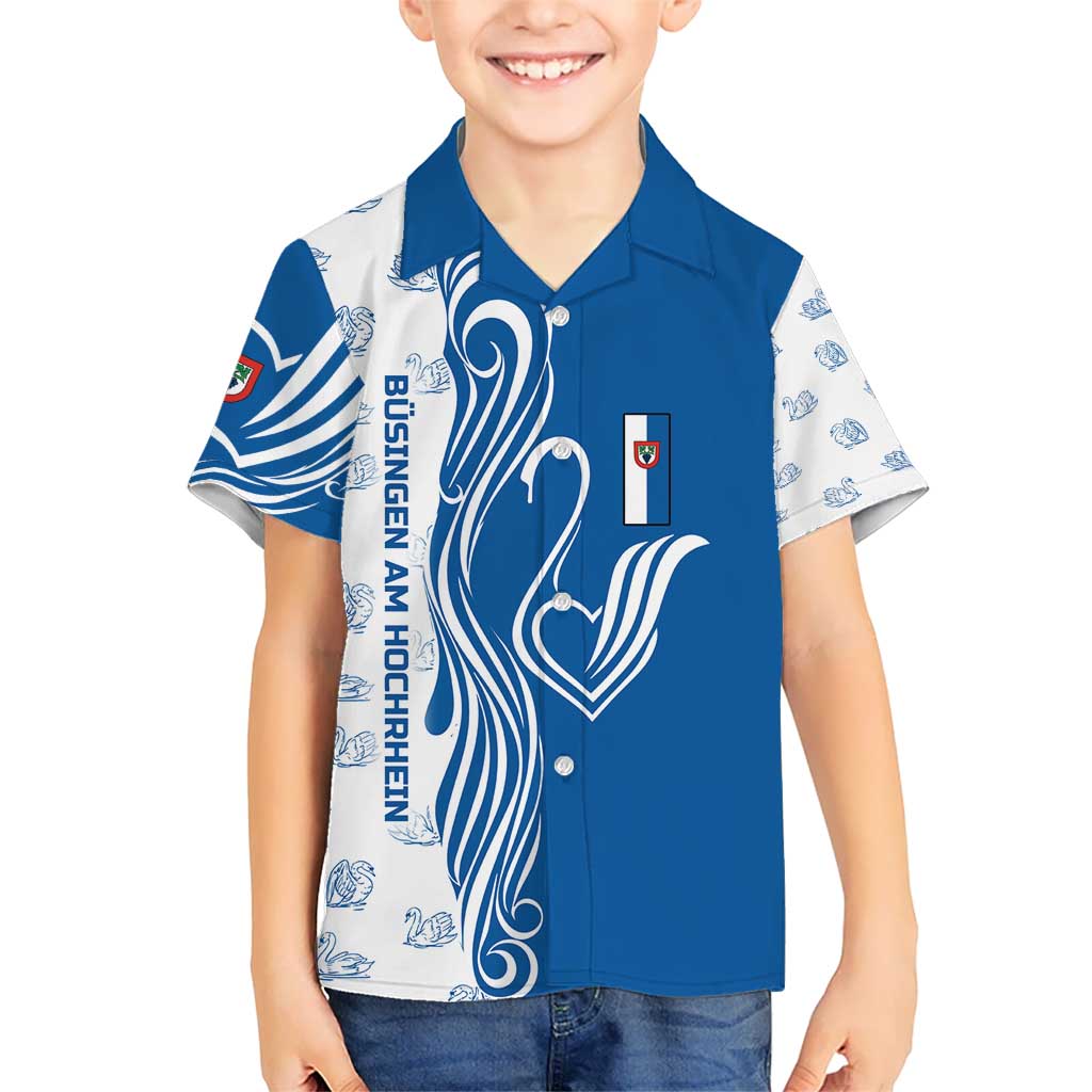 Busingen am Hochrhein Germany Kid Hawaiian Shirt with Swan Pattern and Blue White Heart Design - Wonder Print Shop