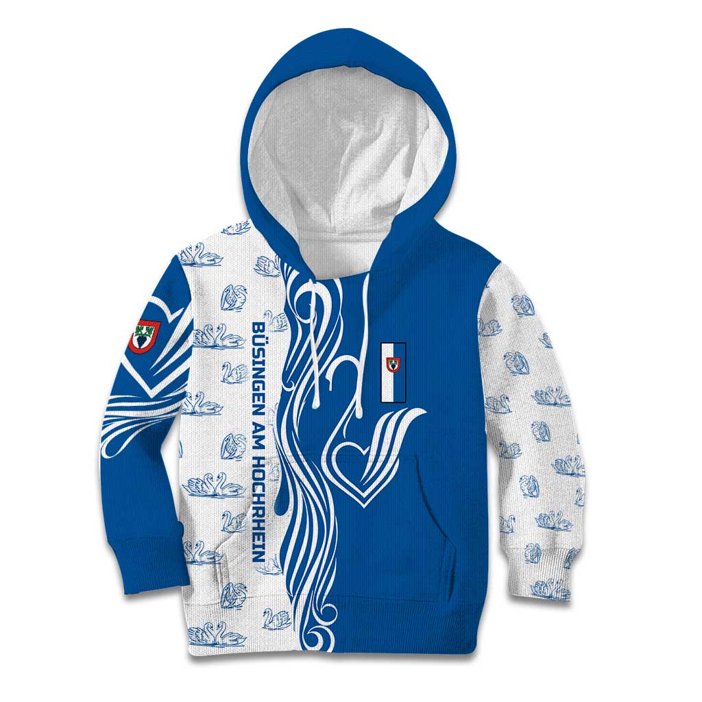 Busingen am Hochrhein Germany Kid Hoodie with Swan Pattern and Blue White Heart Design - Wonder Print Shop