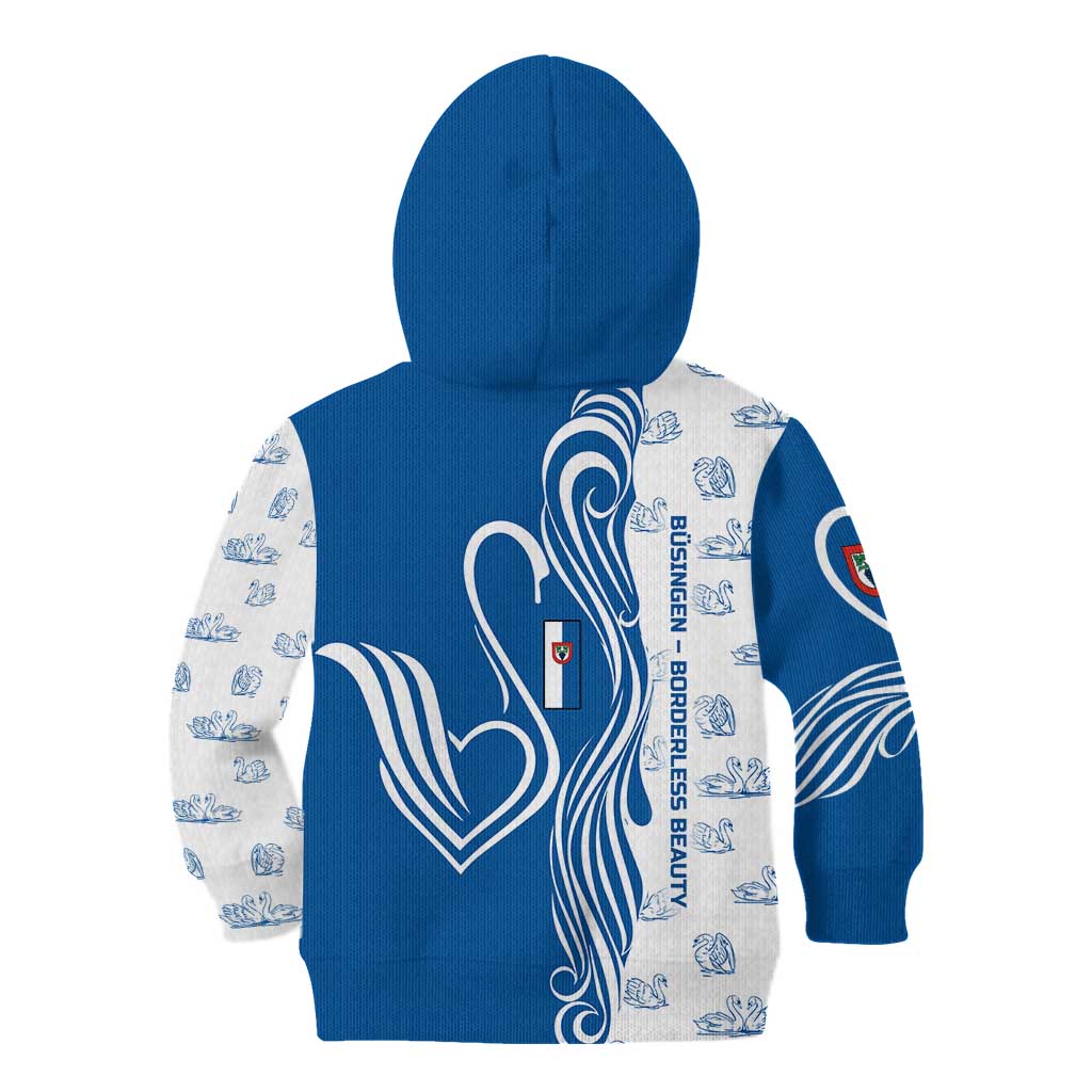 Busingen am Hochrhein Germany Kid Hoodie with Swan Pattern and Blue White Heart Design - Wonder Print Shop