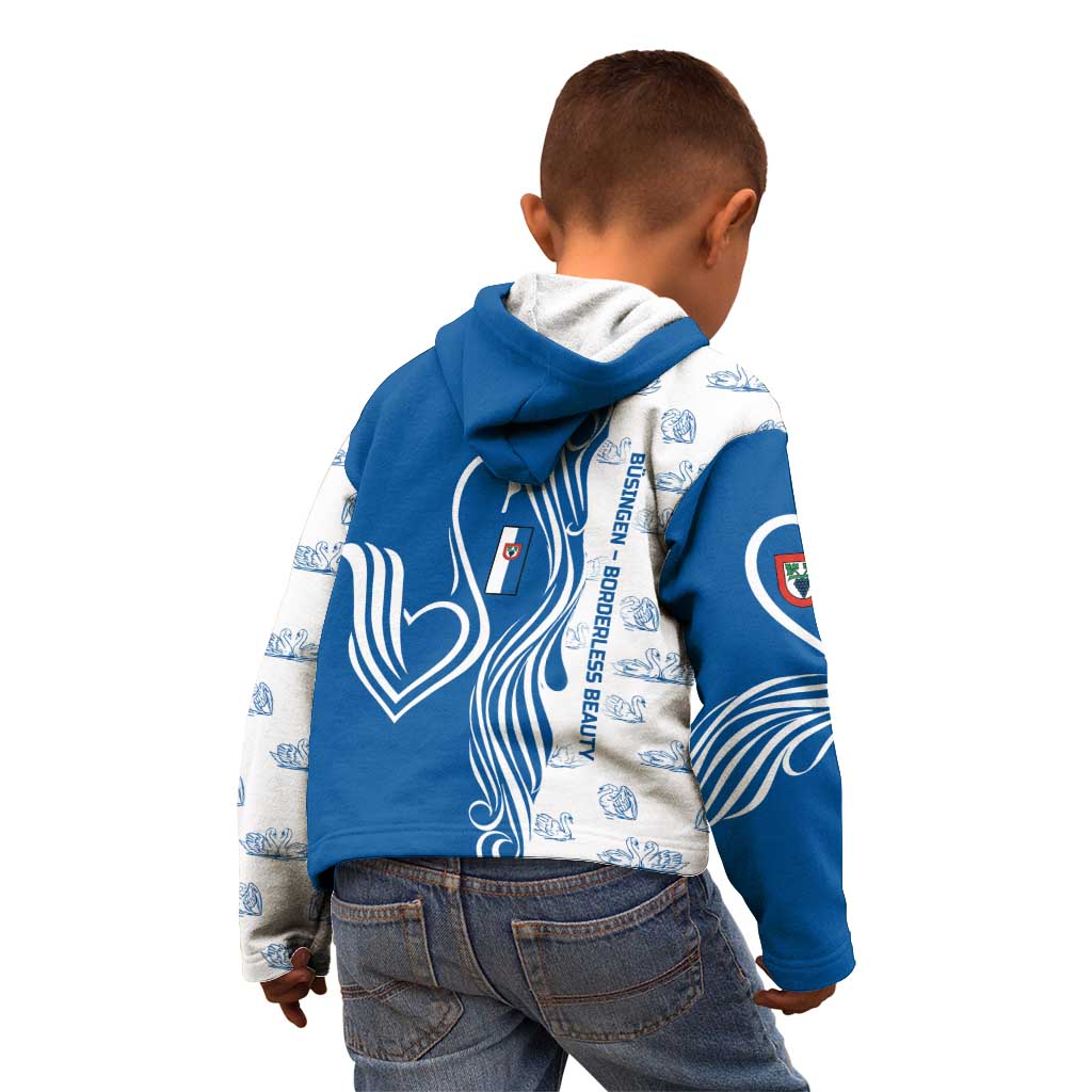 Busingen am Hochrhein Germany Kid Hoodie with Swan Pattern and Blue White Heart Design - Wonder Print Shop