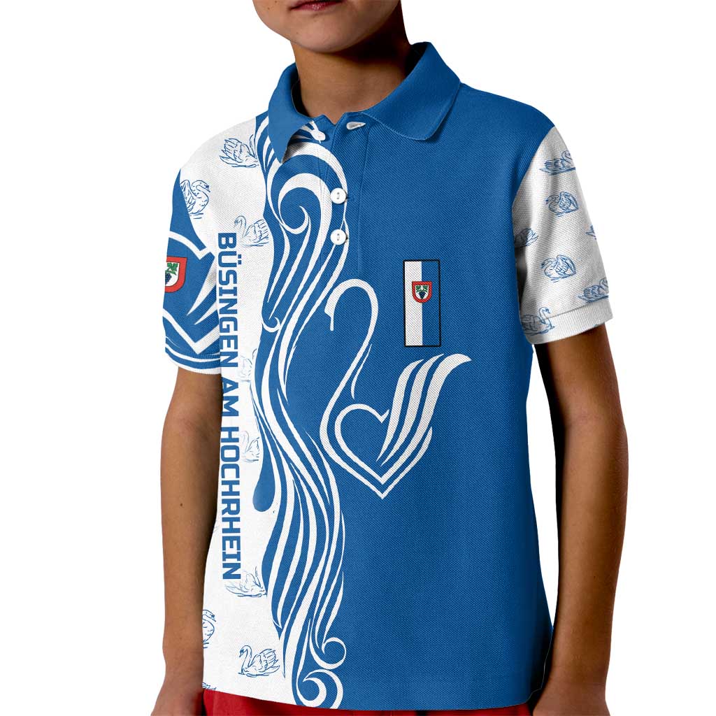 Busingen am Hochrhein Germany Kid Polo Shirt with Swan Pattern and Blue White Heart Design - Wonder Print Shop