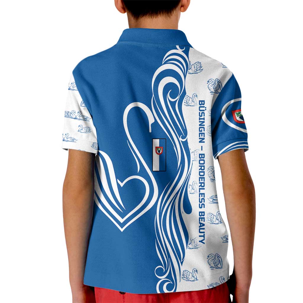 Busingen am Hochrhein Germany Kid Polo Shirt with Swan Pattern and Blue White Heart Design - Wonder Print Shop