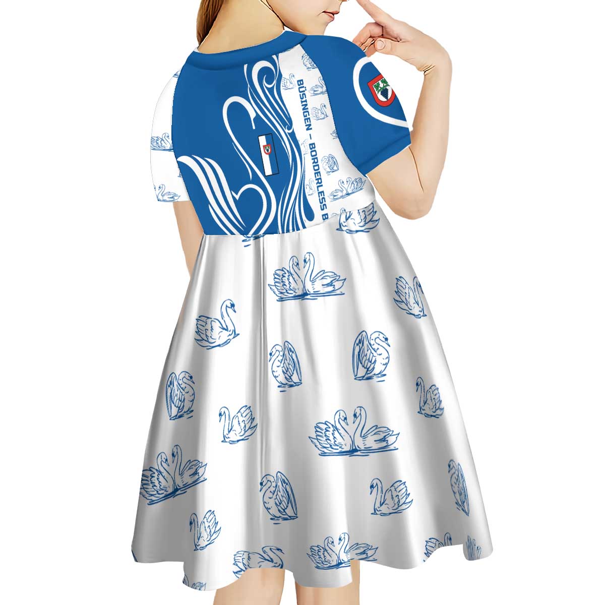 Busingen am Hochrhein Germany Kid Short Sleeve Dress with Swan Pattern and Blue White Heart Design - Wonder Print Shop