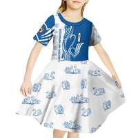 Busingen am Hochrhein Germany Kid Short Sleeve Dress with Swan Pattern and Blue White Heart Design - Wonder Print Shop