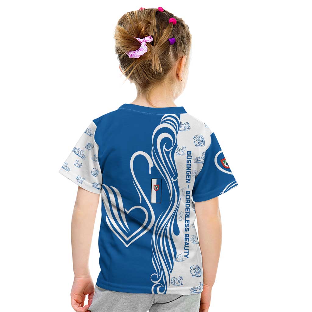 Busingen am Hochrhein Germany Kid T Shirt with Swan Pattern and Blue White Heart Design - Wonder Print Shop
