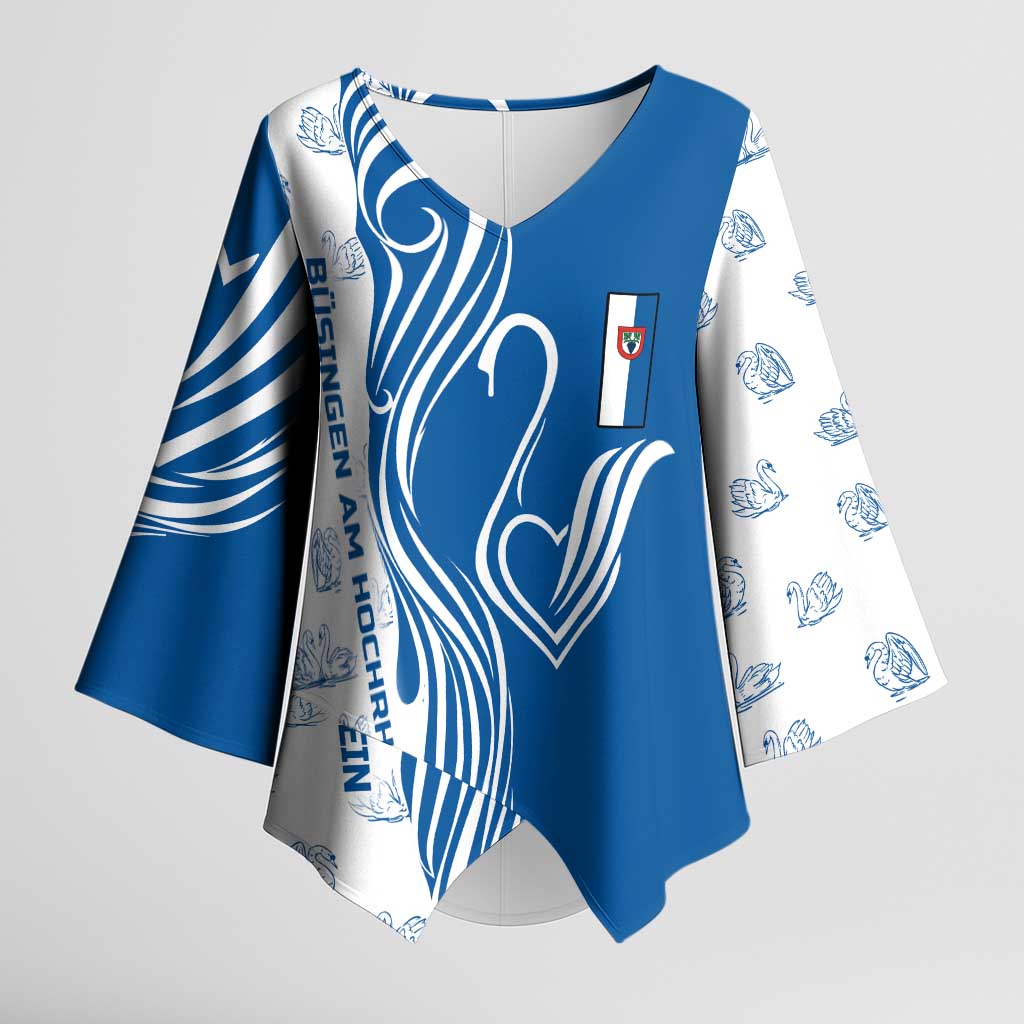 Busingen am Hochrhein Germany Kimono Sleeve Blouse with Swan Pattern and Blue White Heart Design - Wonder Print Shop