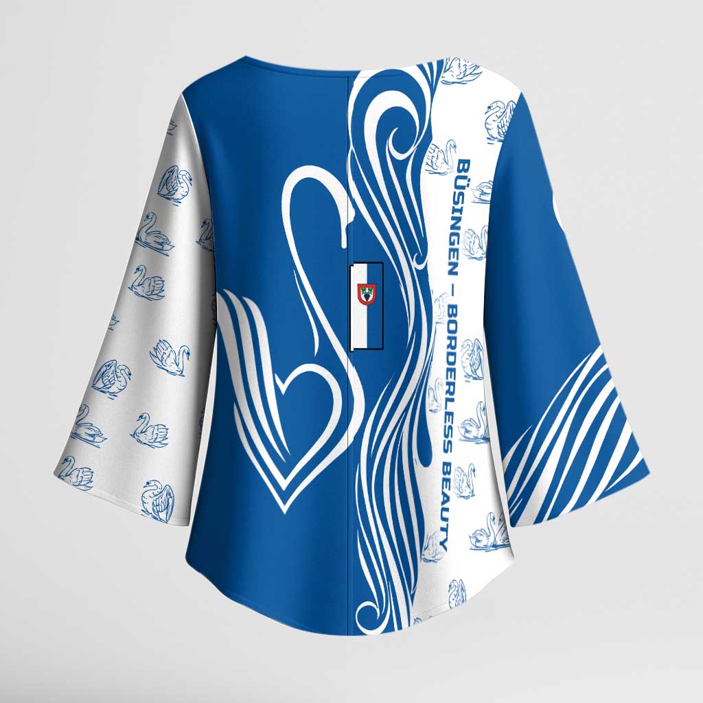 Busingen am Hochrhein Germany Kimono Sleeve Blouse with Swan Pattern and Blue White Heart Design - Wonder Print Shop