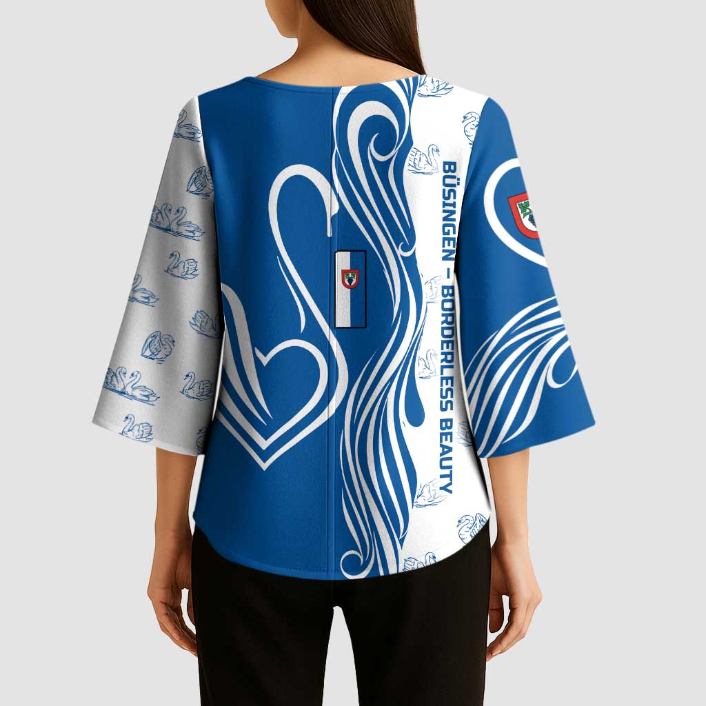 Busingen am Hochrhein Germany Kimono Sleeve Blouse with Swan Pattern and Blue White Heart Design - Wonder Print Shop