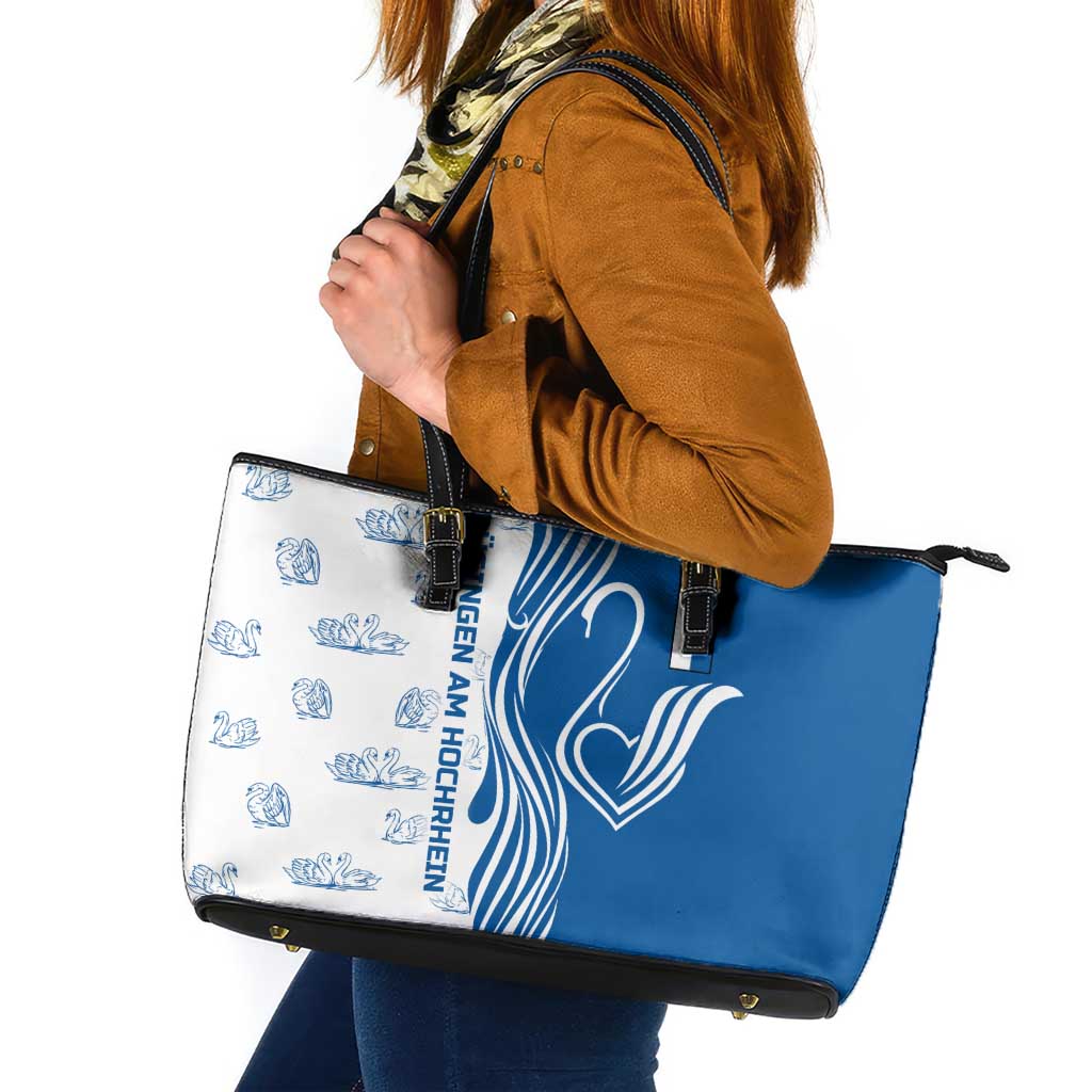 Busingen am Hochrhein Germany Leather Tote Bag with Swan Pattern and Blue White Heart Design - Wonder Print Shop