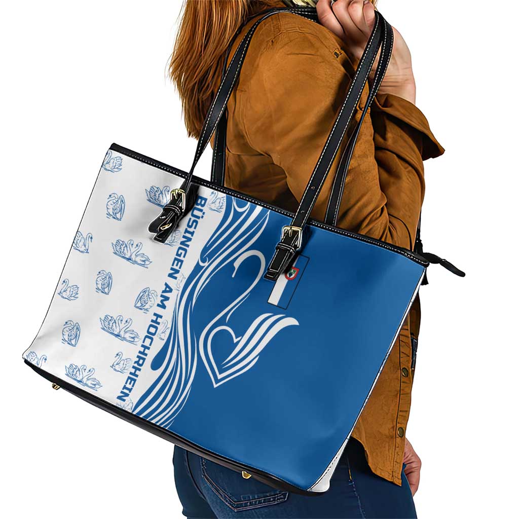 Busingen am Hochrhein Germany Leather Tote Bag with Swan Pattern and Blue White Heart Design - Wonder Print Shop