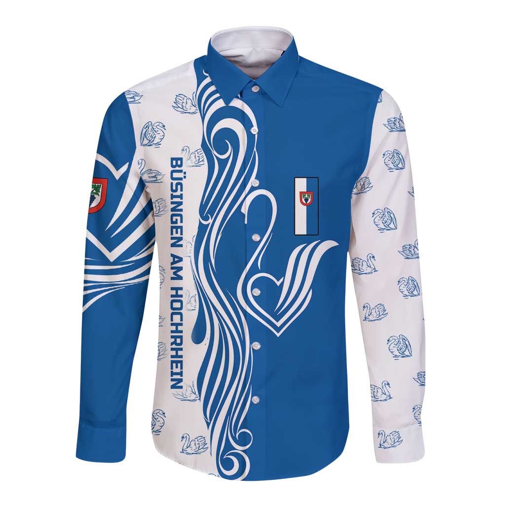 Busingen am Hochrhein Germany Long Sleeve Button Shirt with Swan Pattern and Blue White Heart Design - Wonder Print Shop
