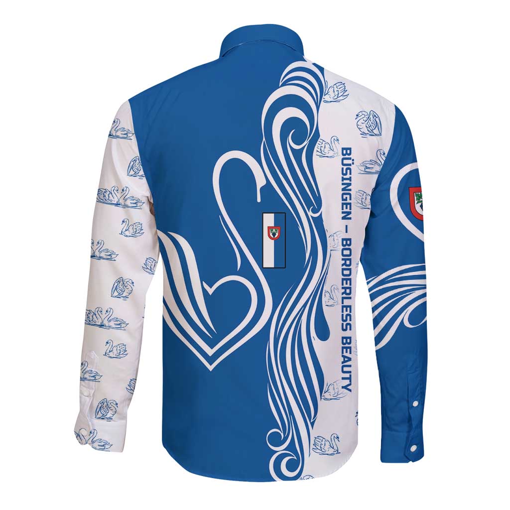 Busingen am Hochrhein Germany Long Sleeve Button Shirt with Swan Pattern and Blue White Heart Design - Wonder Print Shop