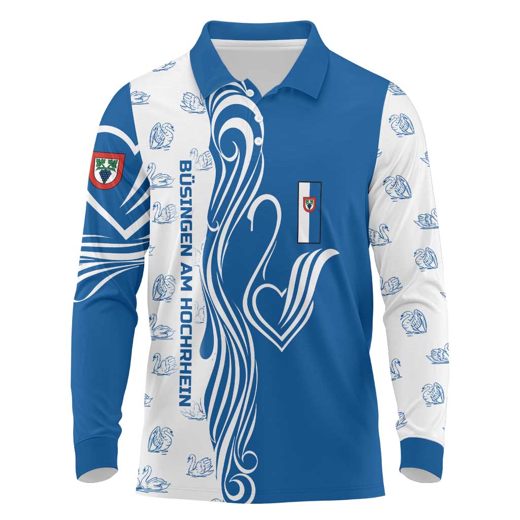Busingen am Hochrhein Germany Long Sleeve Polo Shirt with Swan Pattern and Blue White Heart Design - Wonder Print Shop
