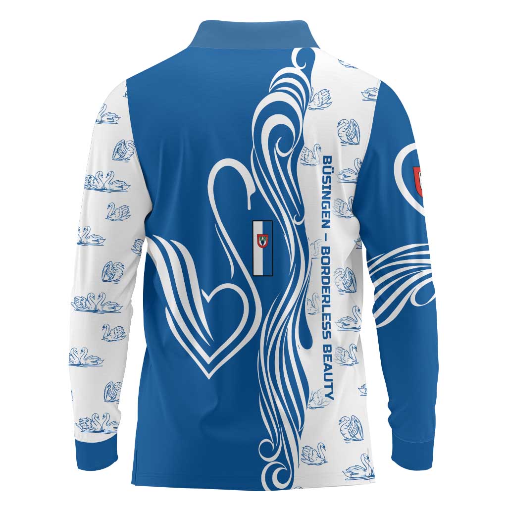 Busingen am Hochrhein Germany Long Sleeve Polo Shirt with Swan Pattern and Blue White Heart Design - Wonder Print Shop