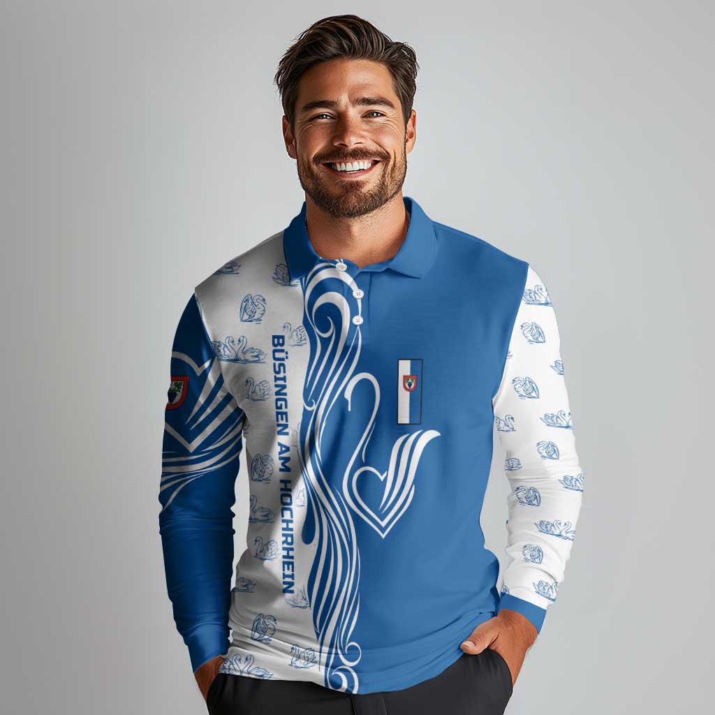 Busingen am Hochrhein Germany Long Sleeve Polo Shirt with Swan Pattern and Blue White Heart Design - Wonder Print Shop