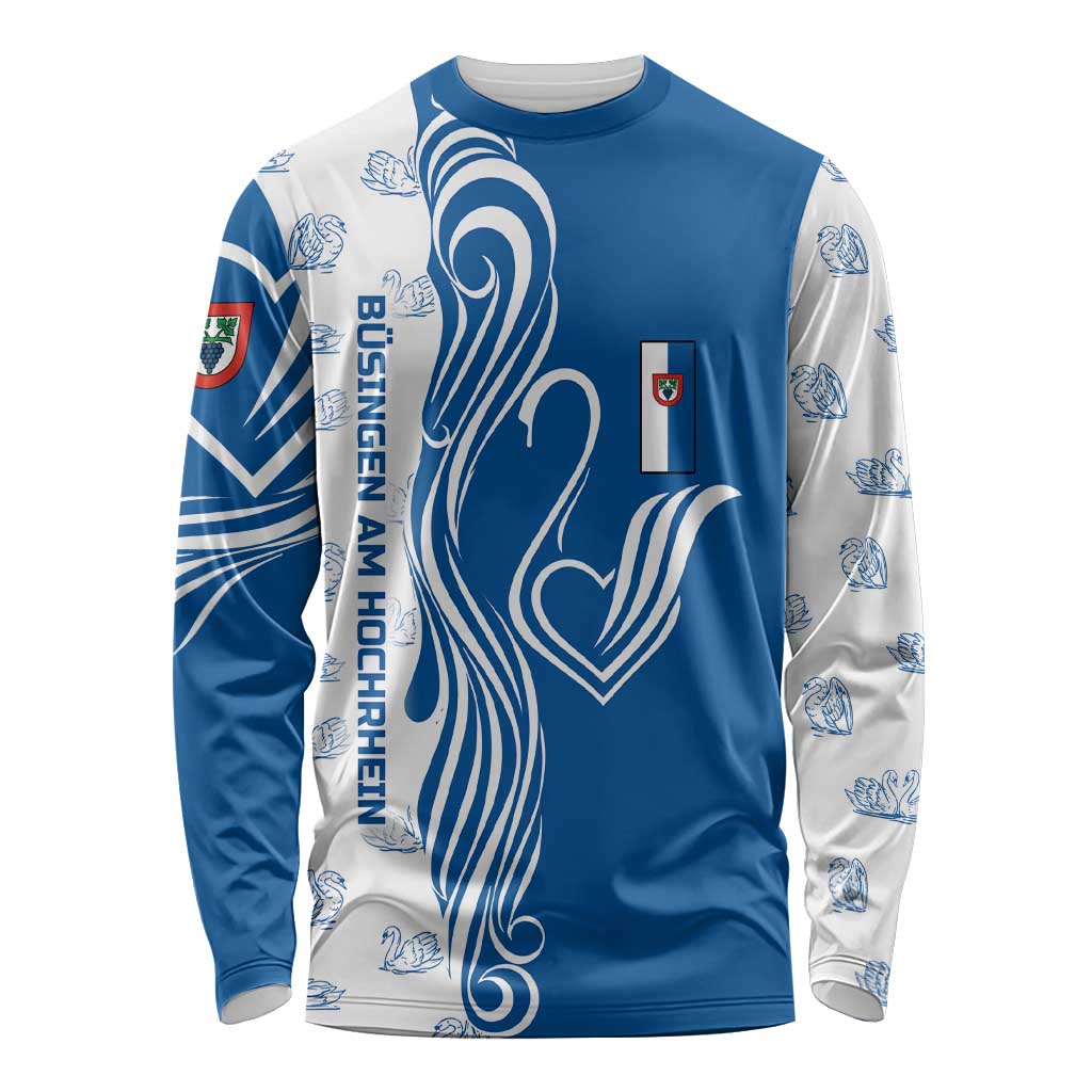 Busingen am Hochrhein Germany Long Sleeve Shirt with Swan Pattern and Blue White Heart Design - Wonder Print Shop