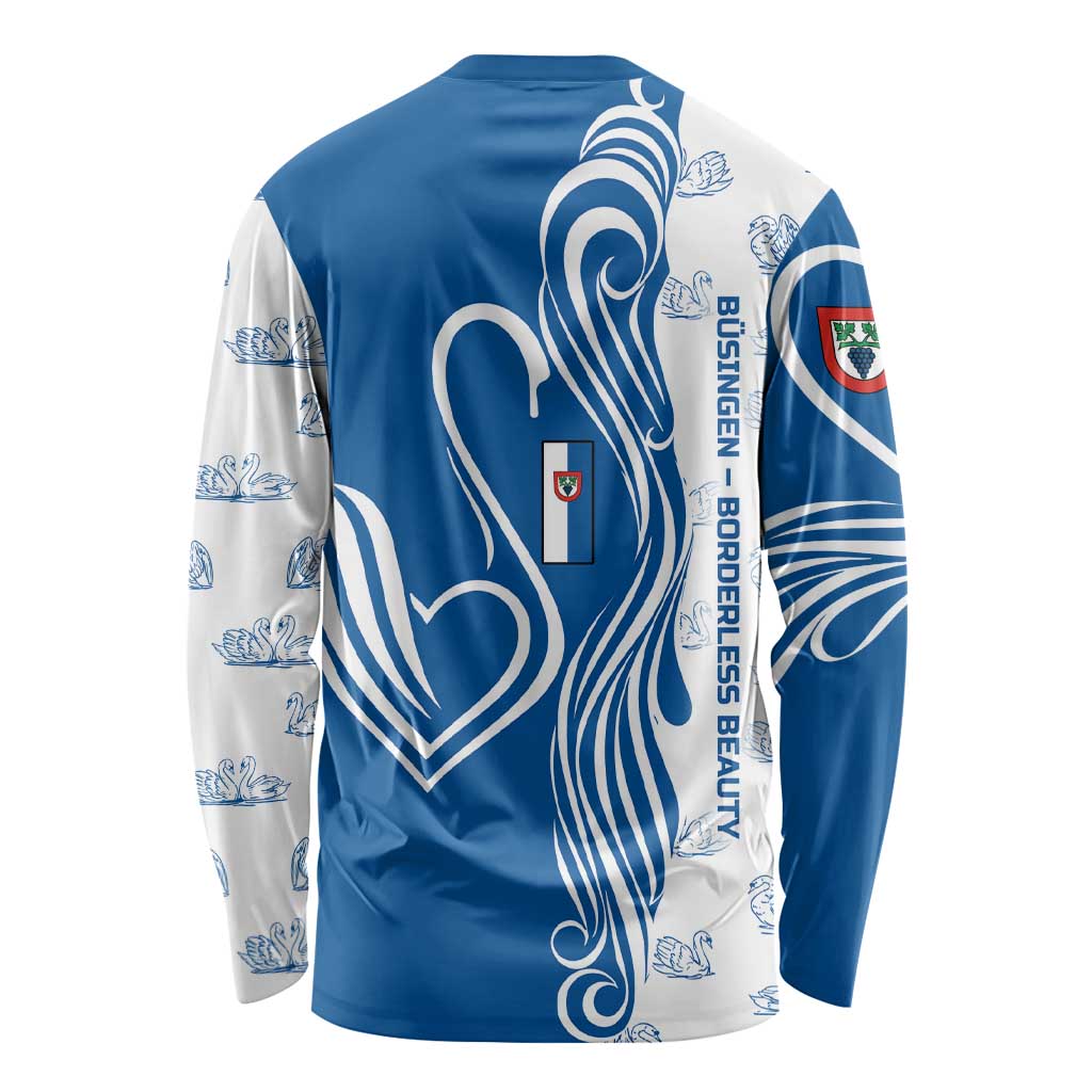 Busingen am Hochrhein Germany Long Sleeve Shirt with Swan Pattern and Blue White Heart Design - Wonder Print Shop