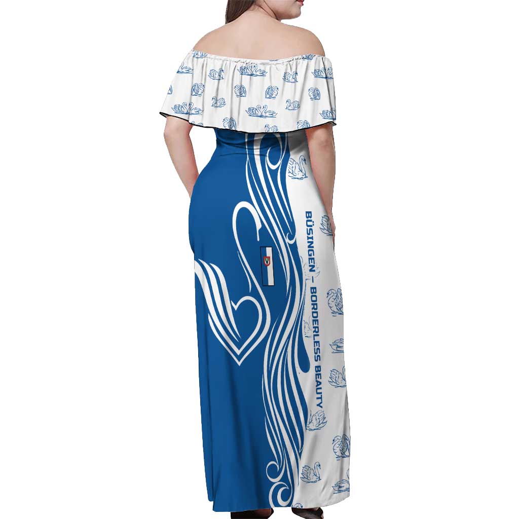 Busingen am Hochrhein Germany Off Shoulder Maxi Dress with Swan Pattern and Blue White Heart Design - Wonder Print Shop