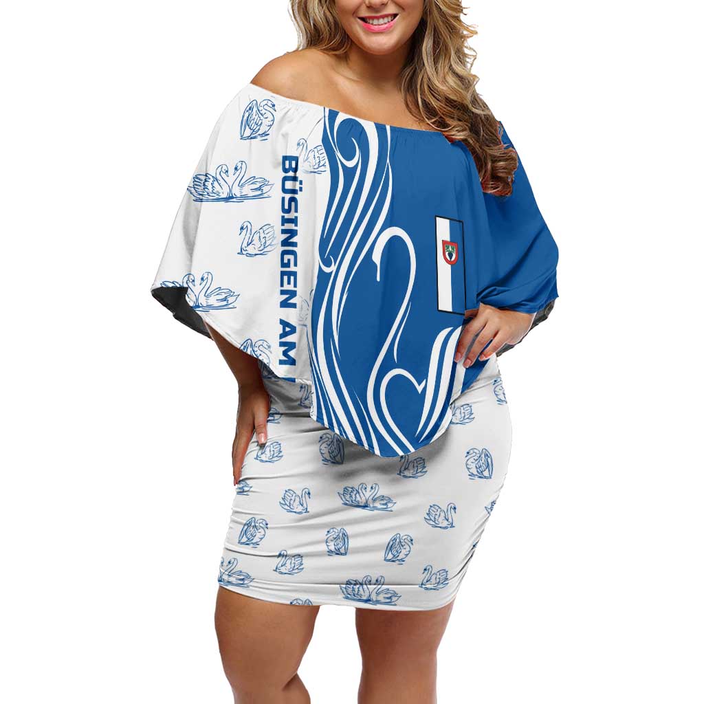 Busingen am Hochrhein Germany Off Shoulder Short Dress with Swan Pattern and Blue White Heart Design - Wonder Print Shop