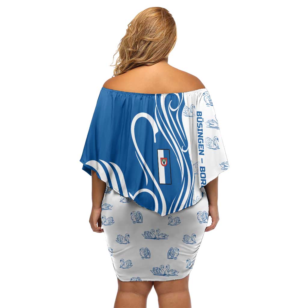 Busingen am Hochrhein Germany Off Shoulder Short Dress with Swan Pattern and Blue White Heart Design - Wonder Print Shop
