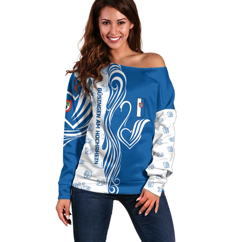 Busingen am Hochrhein Germany Off Shoulder Sweater with Swan Pattern and Blue White Heart Design - Wonder Print Shop
