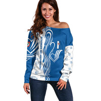 Busingen am Hochrhein Germany Off Shoulder Sweater with Swan Pattern and Blue White Heart Design - Wonder Print Shop