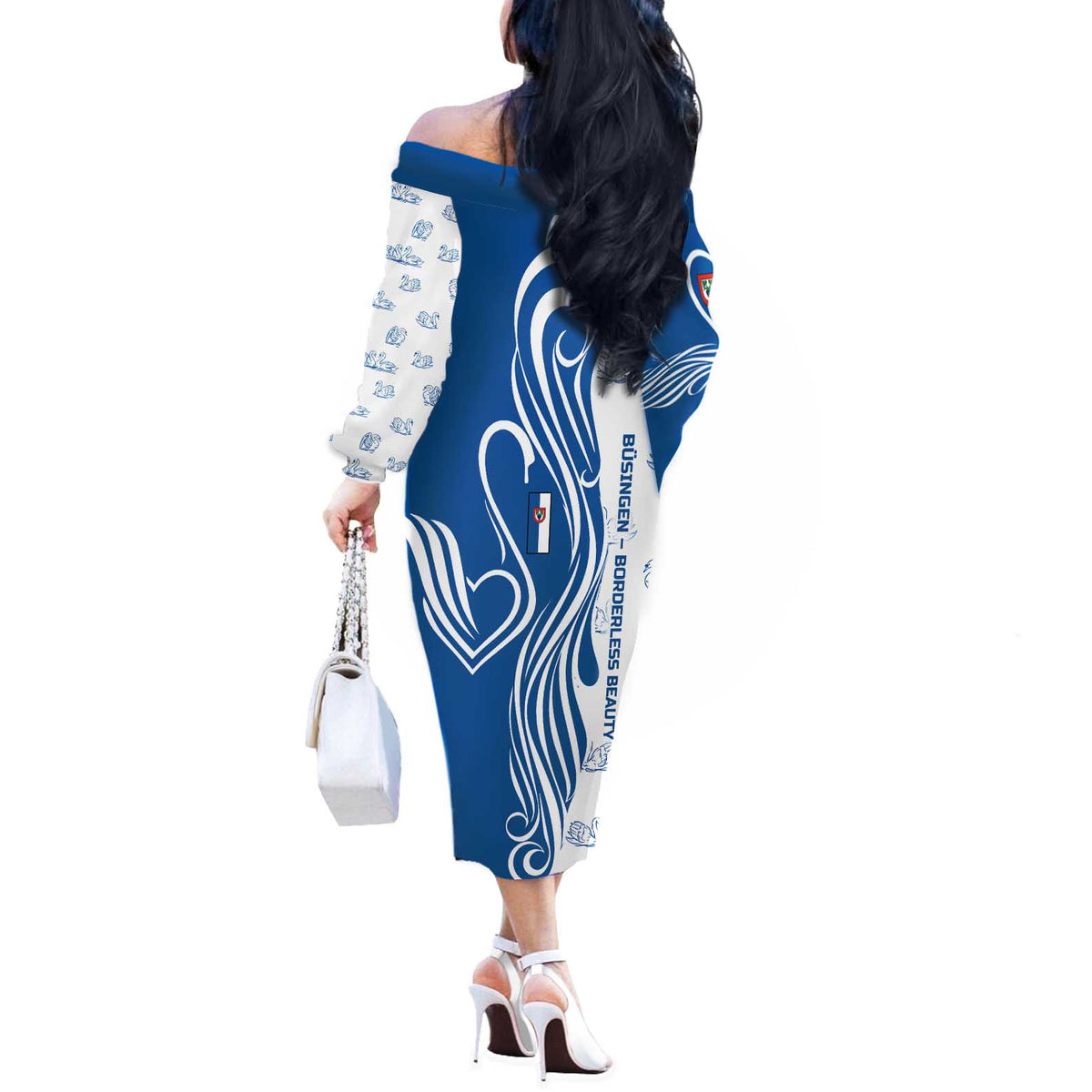 Busingen am Hochrhein Germany Off The Shoulder Long Sleeve Dress with Swan Pattern and Blue White Heart Design - Wonder Print Shop