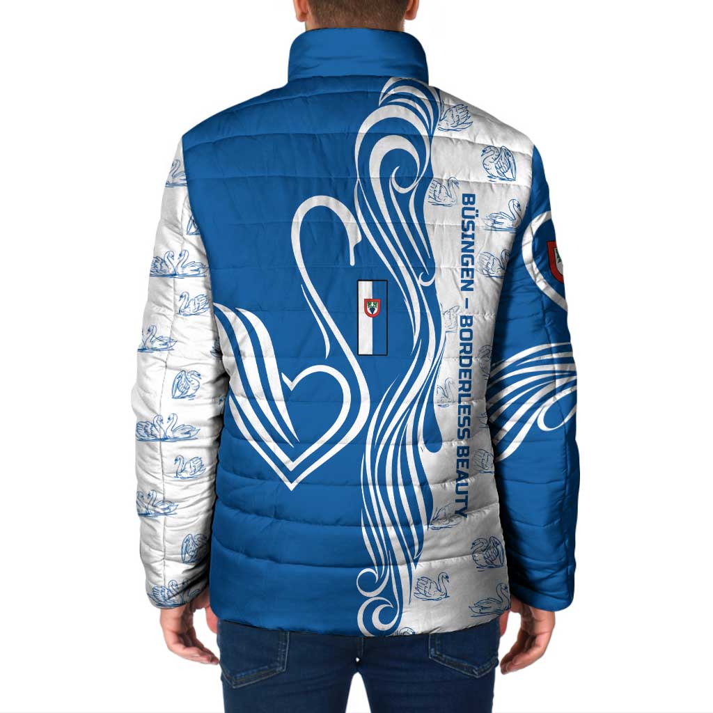 Busingen am Hochrhein Germany Padded Jacket with Swan Pattern and Blue White Heart Design - Wonder Print Shop
