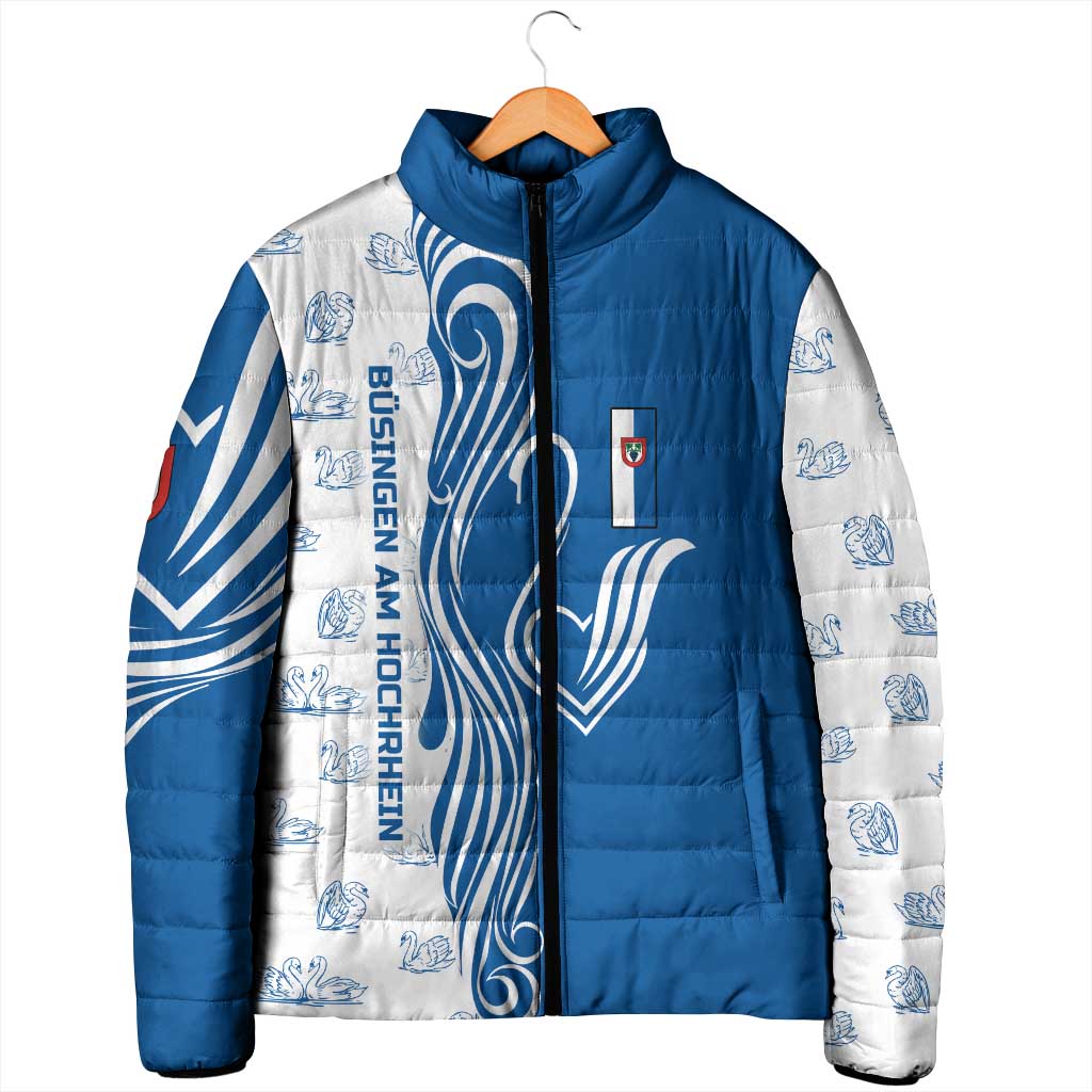 Busingen am Hochrhein Germany Padded Jacket with Swan Pattern and Blue White Heart Design - Wonder Print Shop