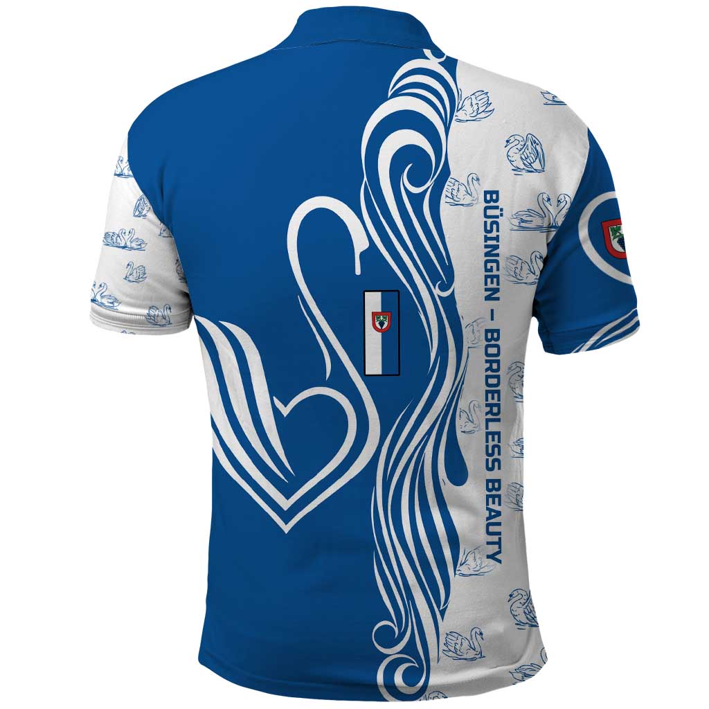 Busingen am Hochrhein Germany Polo Shirt with Swan Pattern and Blue White Heart Design - Wonder Print Shop