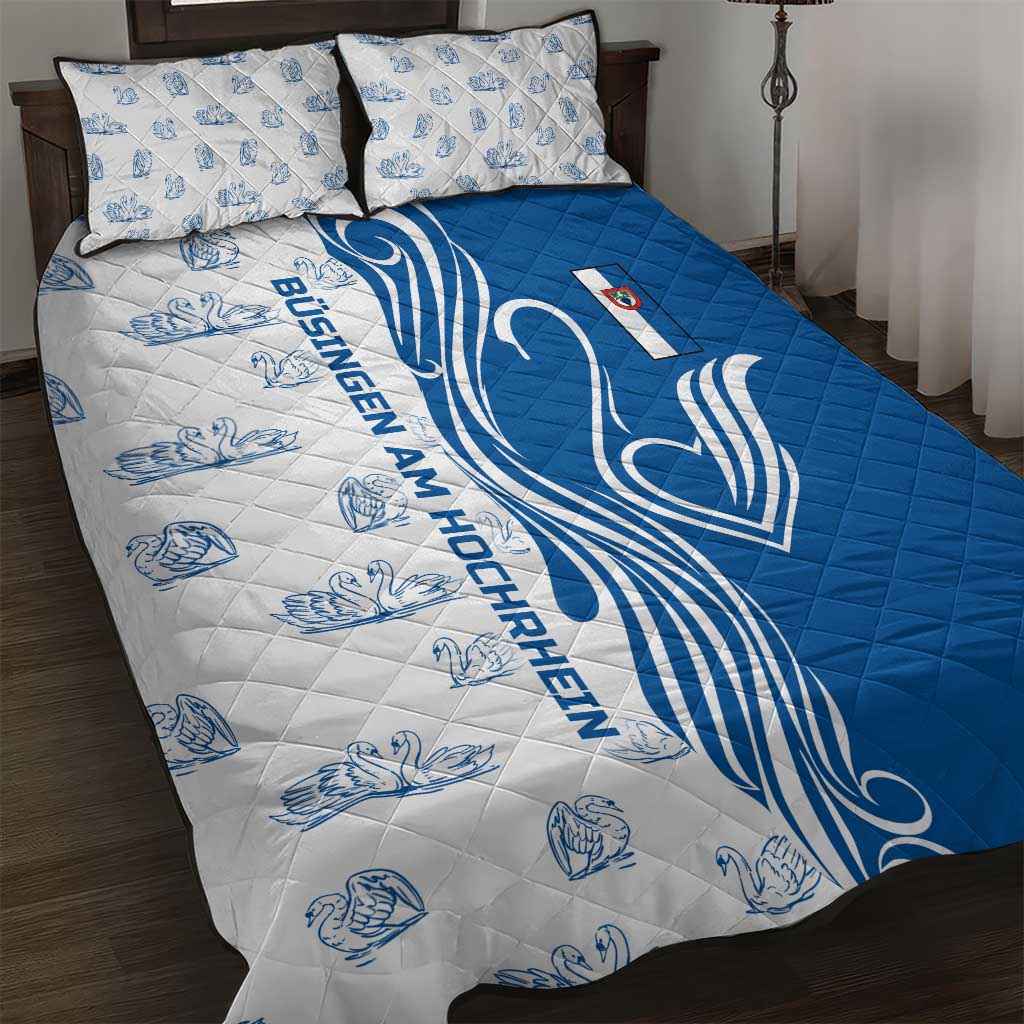 Busingen am Hochrhein Germany Quilt Bed Set with Swan Pattern and Blue White Heart Design - Wonder Print Shop