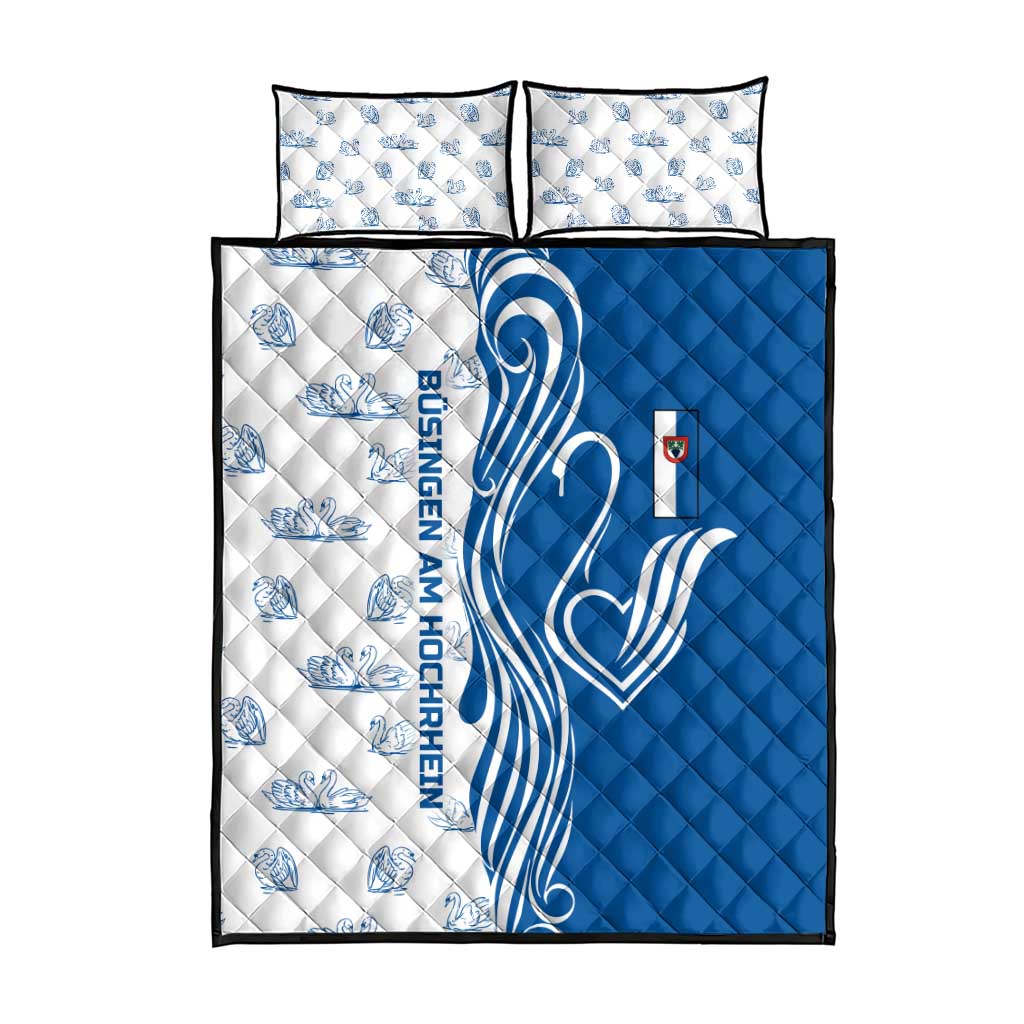 Busingen am Hochrhein Germany Quilt Bed Set with Swan Pattern and Blue White Heart Design - Wonder Print Shop