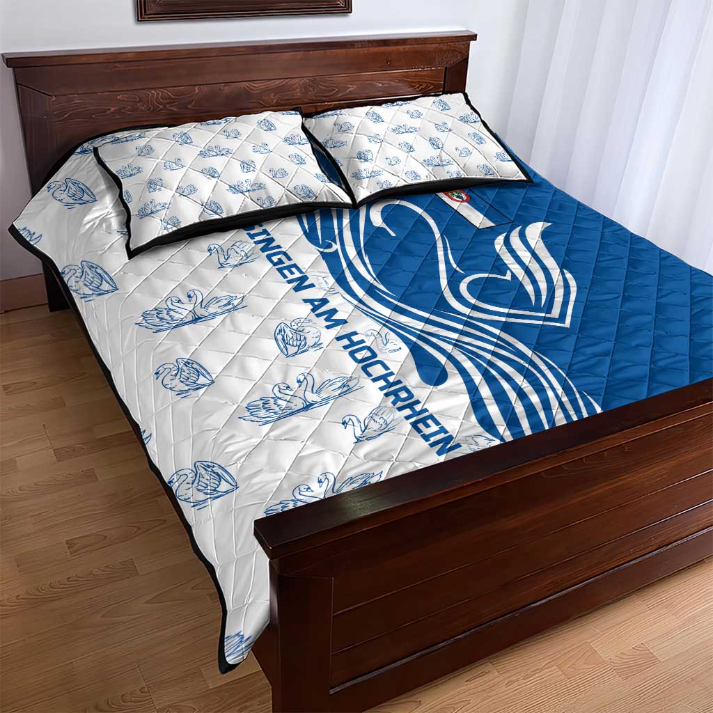 Busingen am Hochrhein Germany Quilt Bed Set with Swan Pattern and Blue White Heart Design - Wonder Print Shop