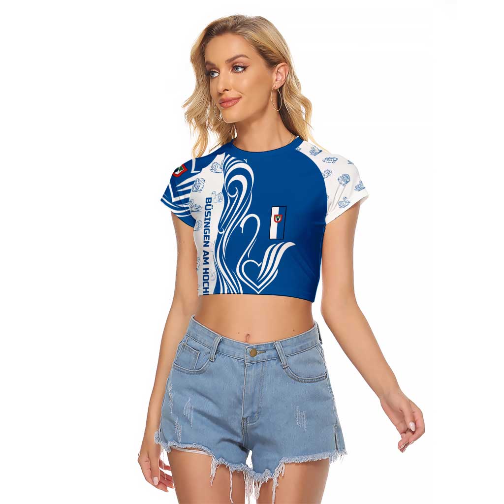 Busingen am Hochrhein Germany Raglan Cropped T Shirt with Swan Pattern and Blue White Heart Design - Wonder Print Shop
