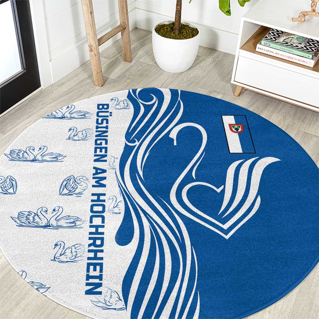 Busingen am Hochrhein Germany Round Carpet with Swan Pattern and Blue White Heart Design - Wonder Print Shop