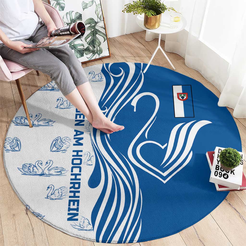 Busingen am Hochrhein Germany Round Carpet with Swan Pattern and Blue White Heart Design - Wonder Print Shop