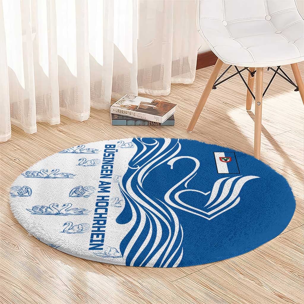 Busingen am Hochrhein Germany Round Carpet with Swan Pattern and Blue White Heart Design - Wonder Print Shop