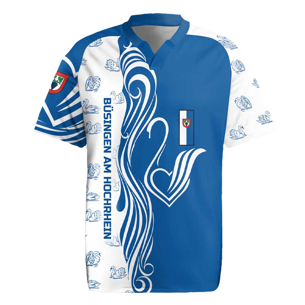 Busingen am Hochrhein Germany Rugby Jersey with Swan Pattern and Blue White Heart Design - Wonder Print Shop