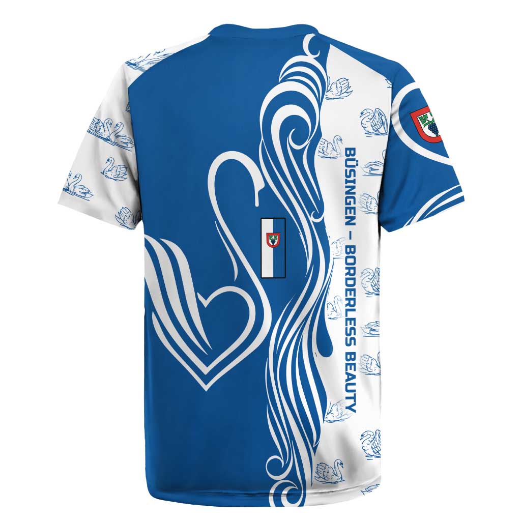 Busingen am Hochrhein Germany Rugby Jersey with Swan Pattern and Blue White Heart Design - Wonder Print Shop