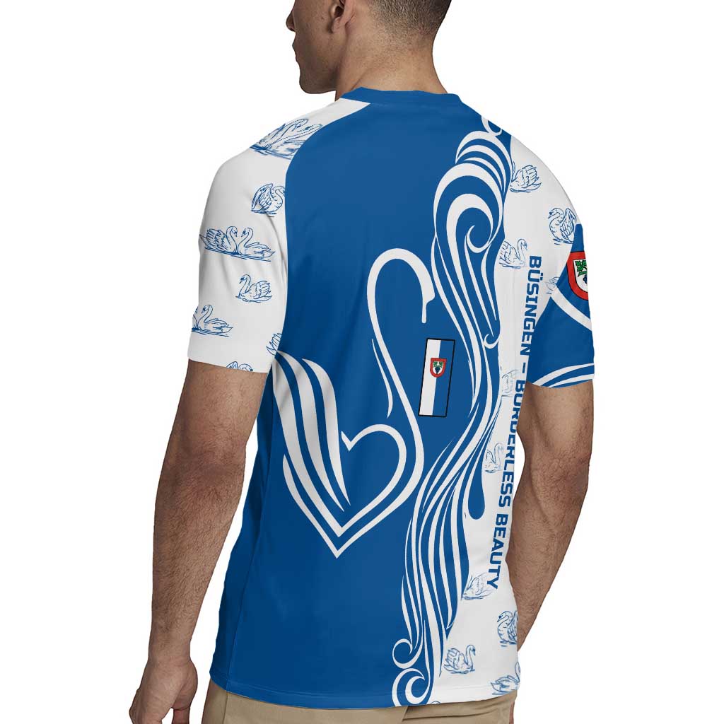 Busingen am Hochrhein Germany Rugby Jersey with Swan Pattern and Blue White Heart Design - Wonder Print Shop