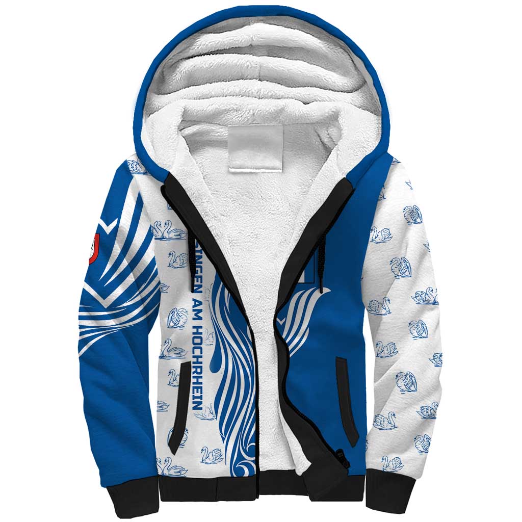 Busingen am Hochrhein Germany Sherpa Hoodie with Swan Pattern and Blue White Heart Design - Wonder Print Shop
