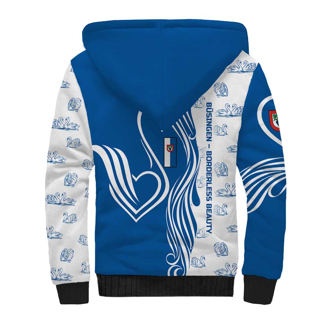 Busingen am Hochrhein Germany Sherpa Hoodie with Swan Pattern and Blue White Heart Design - Wonder Print Shop