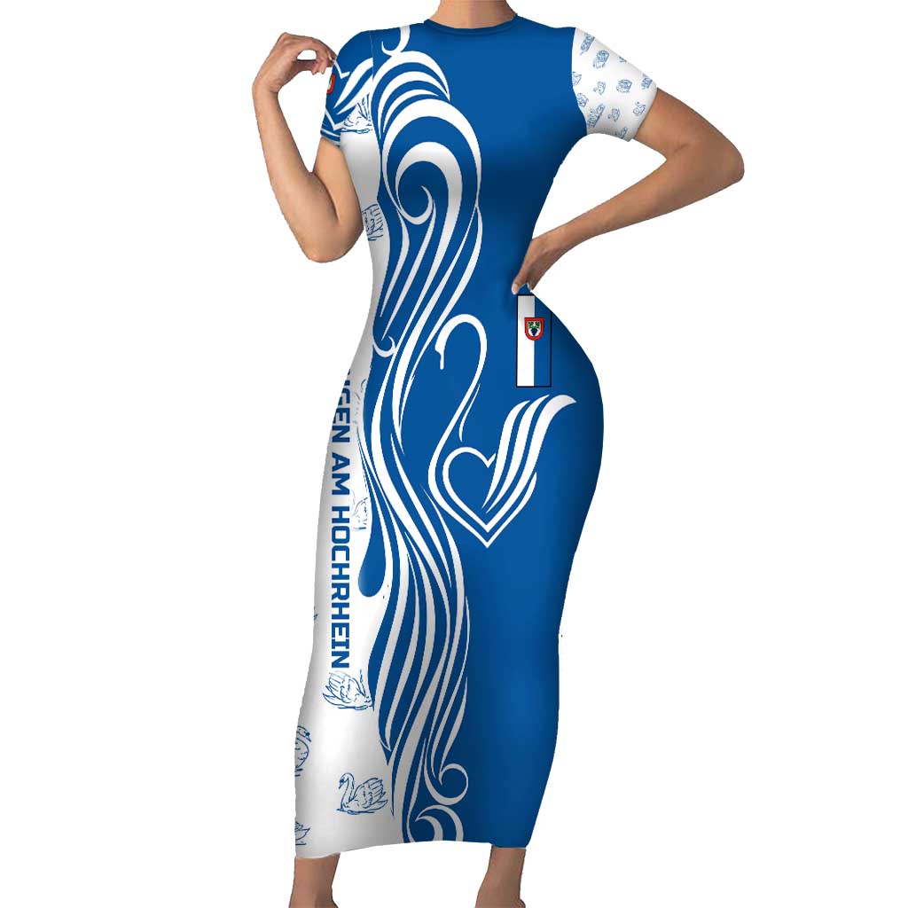 Busingen am Hochrhein Germany Short Sleeve Bodycon Dress with Swan Pattern and Blue White Heart Design - Wonder Print Shop