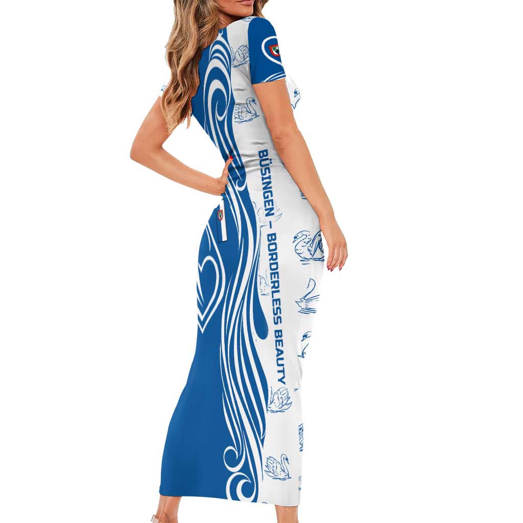 Busingen am Hochrhein Germany Short Sleeve Bodycon Dress with Swan Pattern and Blue White Heart Design - Wonder Print Shop