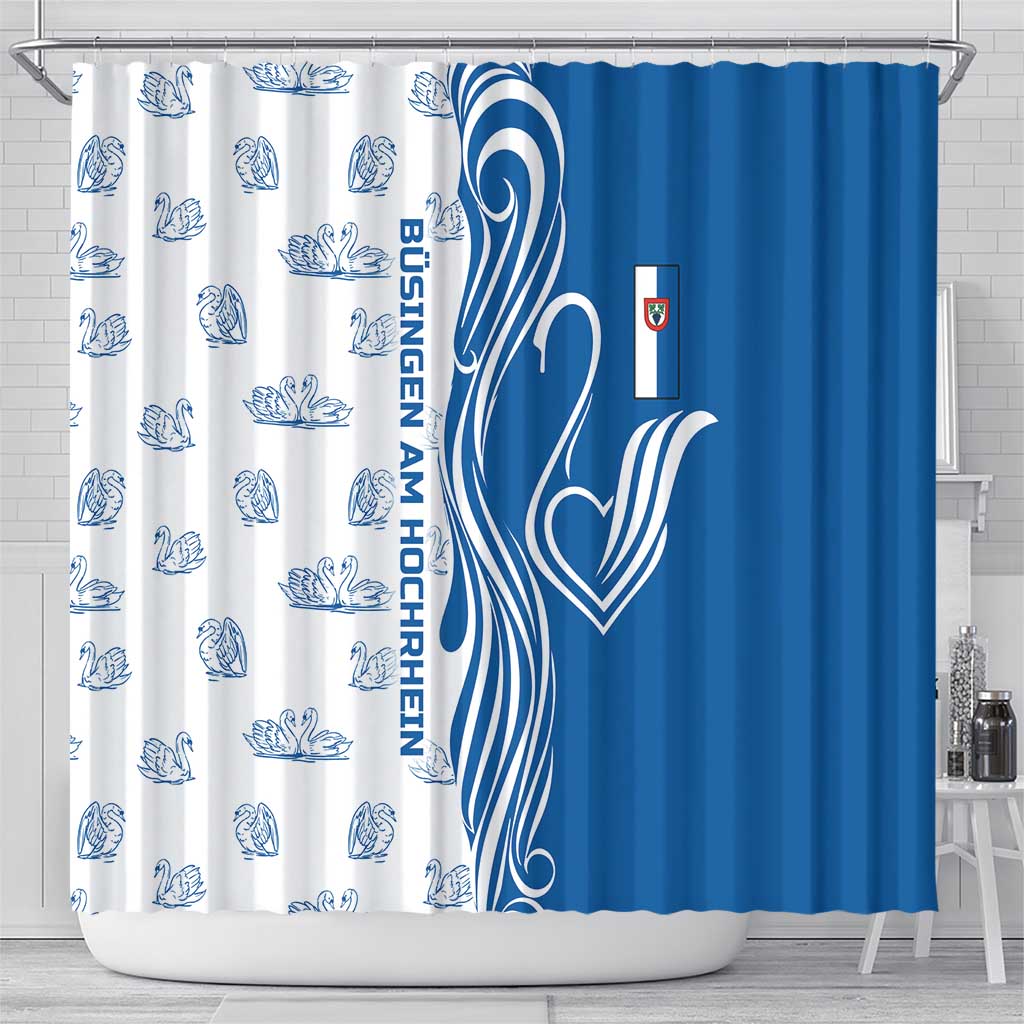 Busingen am Hochrhein Germany Shower Curtain with Swan Pattern and Blue White Heart Design - Wonder Print Shop