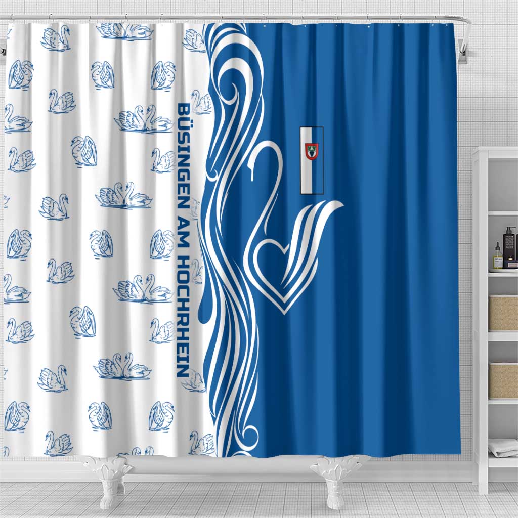 Busingen am Hochrhein Germany Shower Curtain with Swan Pattern and Blue White Heart Design - Wonder Print Shop