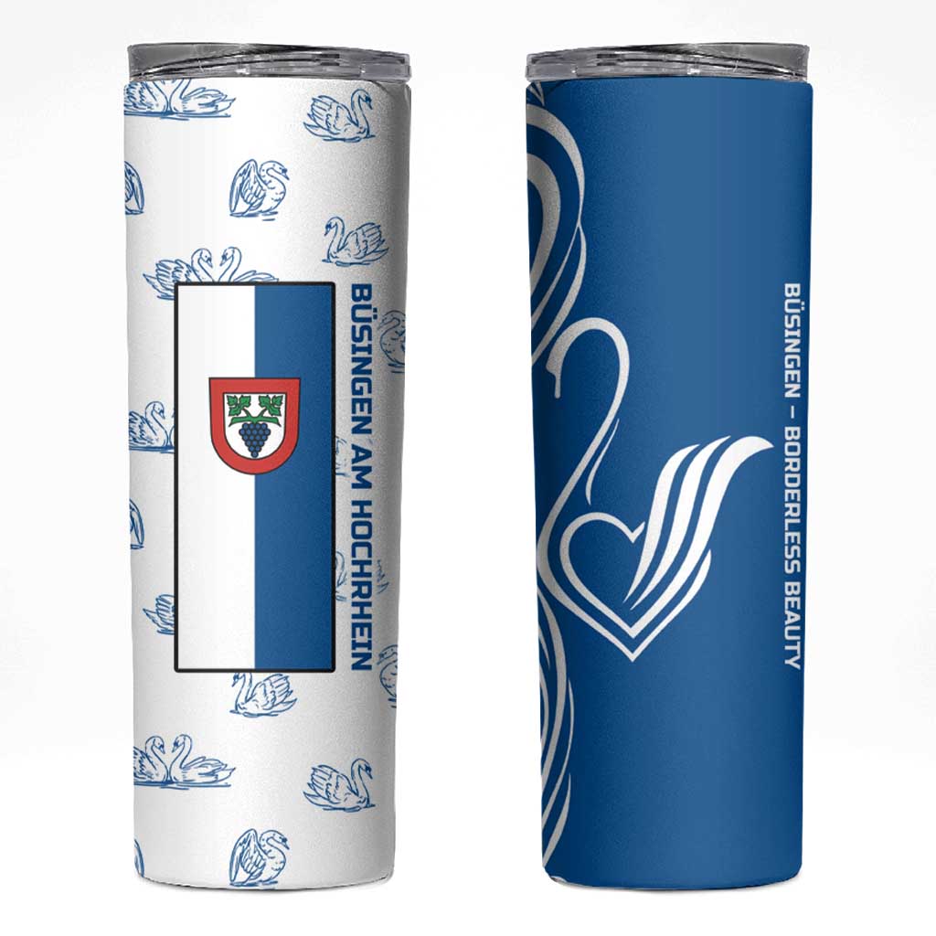 Busingen am Hochrhein Germany Skinny Tumbler with Swan Pattern and Blue White Heart Design - Wonder Print Shop