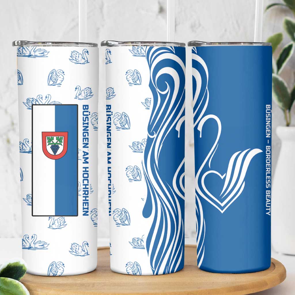 Busingen am Hochrhein Germany Skinny Tumbler with Swan Pattern and Blue White Heart Design - Wonder Print Shop
